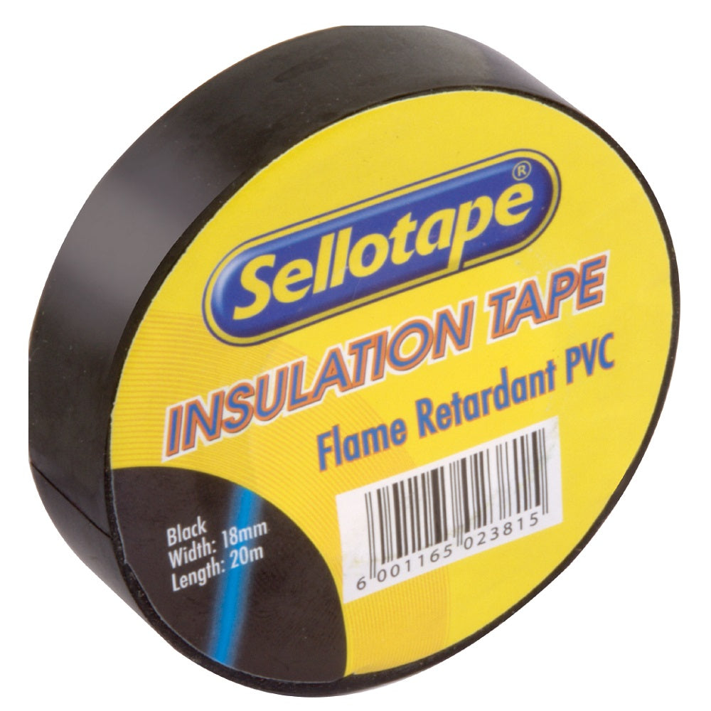 Sellotape black PVC flame retardant insulation tape roll 18mm wide 20m length with yellow branded label