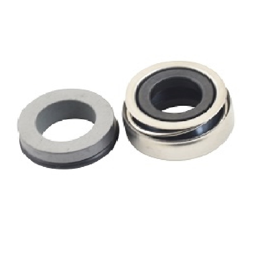 Speck 90 Series pump shaft seal with polished stainless steel housing and grey ceramic seat ring on white background