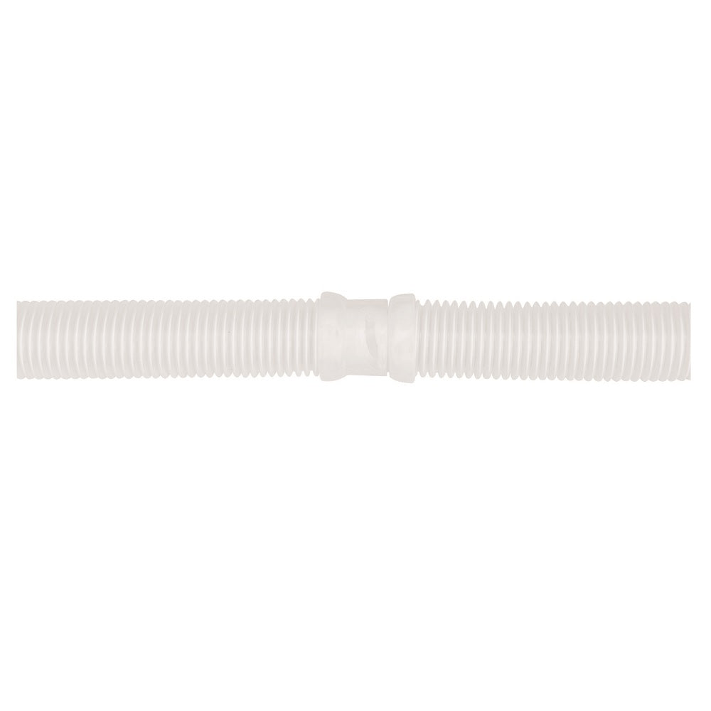 White corrugated pool cleaner hose with central twist-lock connector, flexible ribbed plastic construction shown laid flat