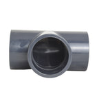 Grey PVC tee pipe fitting 63mm with three socket ends and smooth cylindrical body