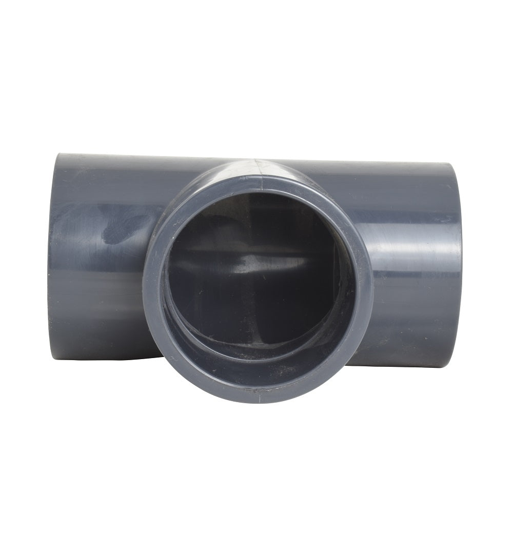Grey PVC tee pipe fitting 63mm with three socket ends and smooth cylindrical body