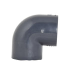 Grey PVC 90-degree elbow pipe fitting 63mm with smooth curved bend and socket ends