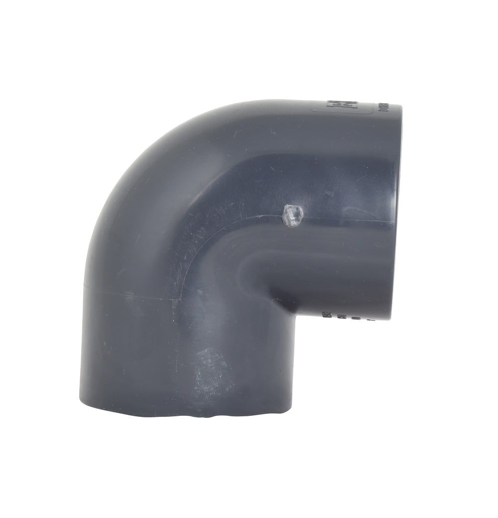Grey PVC 90-degree elbow pipe fitting 63mm with smooth curved bend and socket ends
