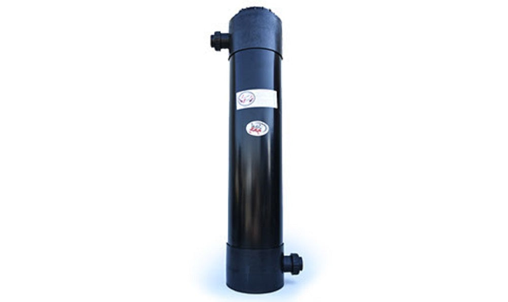 Tall black cylindrical Ultra Zap Bio Filter 50 Litres with side inlet ports and branded labels, shown upright on white background