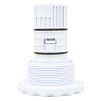White plastic spa jet inner with ribbed cylindrical body, dual black O-rings, threaded base, and open-face nozzle insert