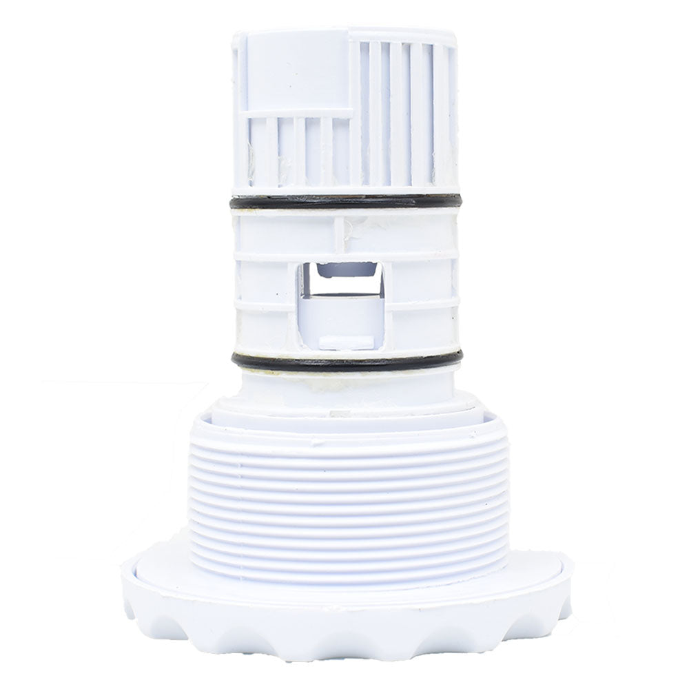 White plastic spa jet inner with ribbed cylindrical body, dual black O-rings, threaded base, and open-face nozzle insert