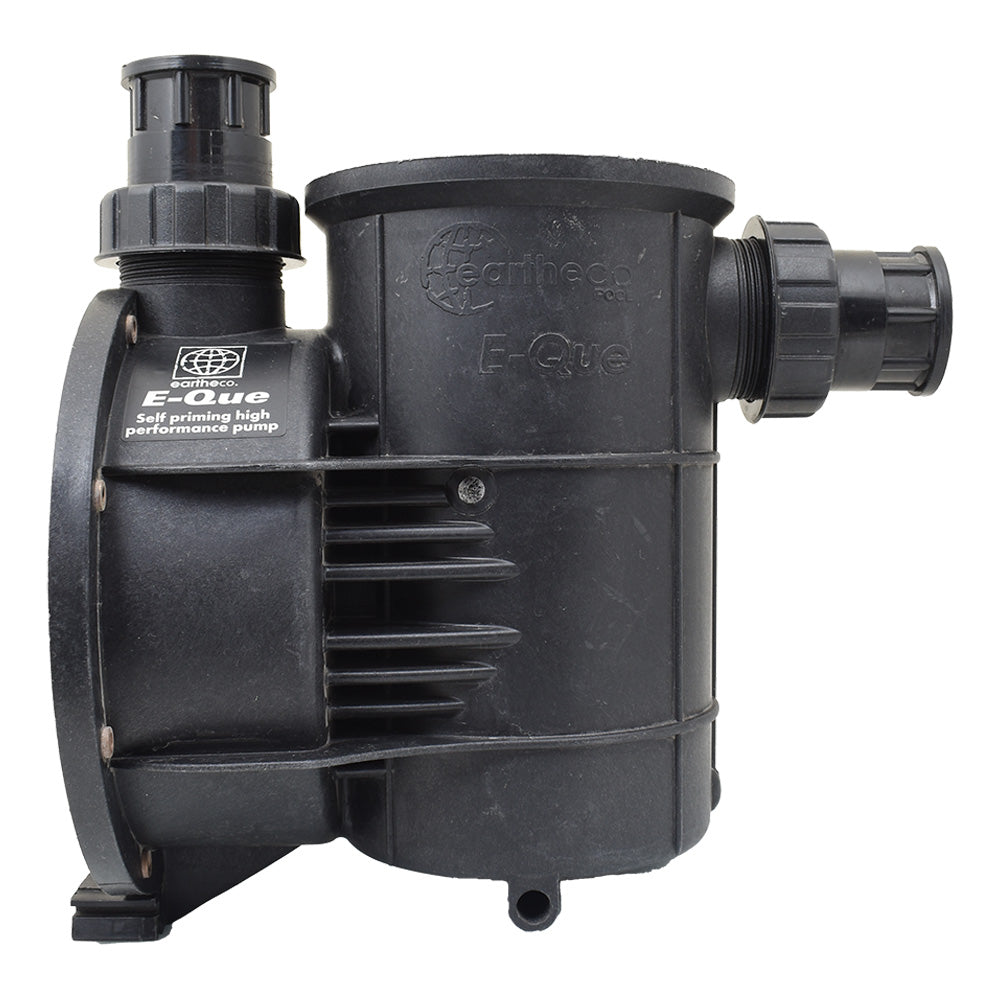 Eartheco E-Que black plastic self-priming pool pump body with ribbed motor housing and threaded inlet and outlet ports