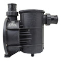 Eartheco E-Que black plastic self-priming pool pump body with ribbed motor housing and threaded inlet and outlet ports