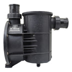 Eartheco E-Que black plastic self-priming pool pump body with ribbed motor housing and threaded inlet and outlet ports