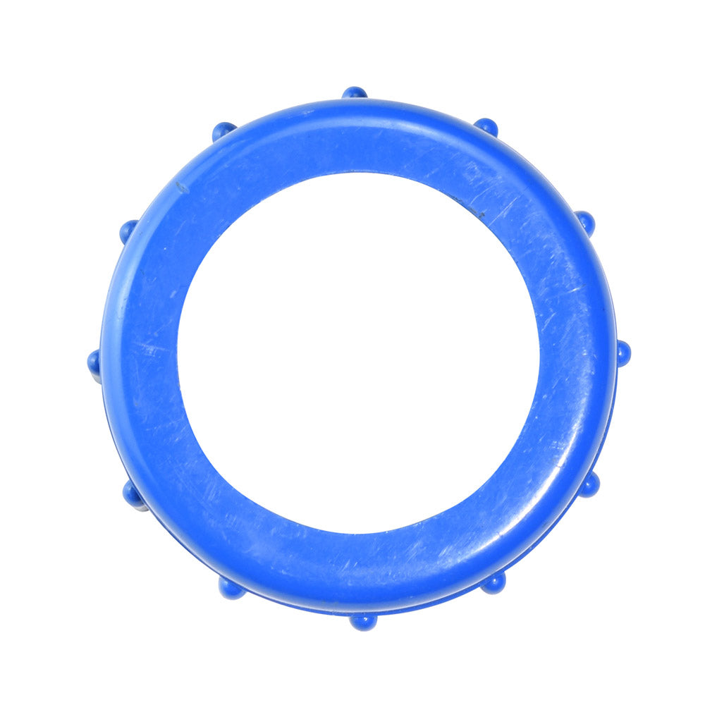 Blue rubber union nut ring by Aqua Pro with studded outer edge, isolated on white