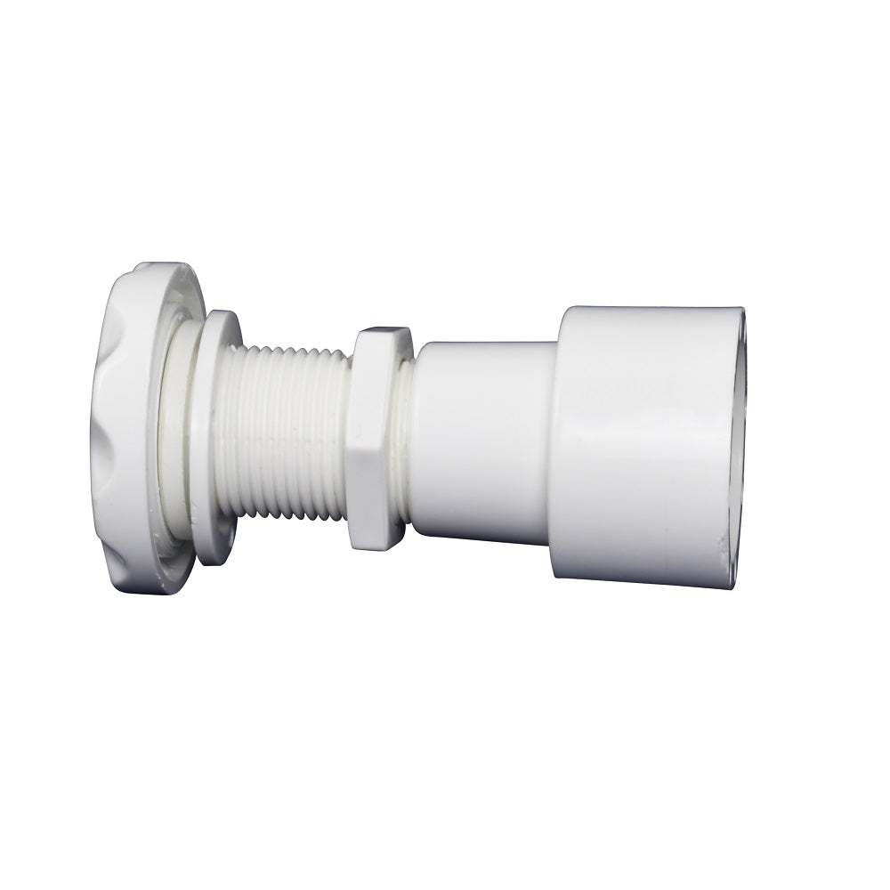 White PVC tank wall fitting with threaded shank, hex nut, flange, and socket connector for pool or spa plumbing