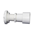 White PVC tank wall fitting with threaded shank, hex nut, flange, and socket connector for pool or spa plumbing