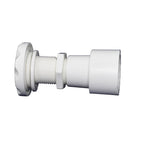 White PVC tank wall fitting with threaded shank, hex nut, flange, and socket connector for pool or spa plumbing