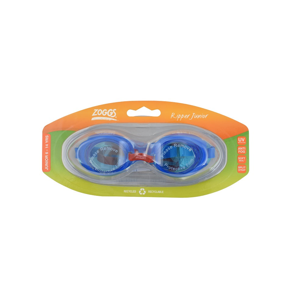 Zoggs Ripper Junior kids swim goggles with blue lenses in orange and green retail packaging, ages 6–14