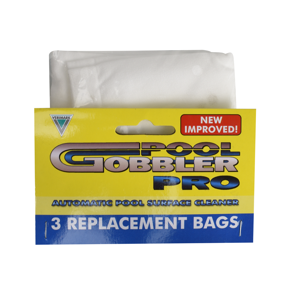 Pool Gobbler Pro replacement filter bags pack of 3 in yellow and blue retail packaging with white mesh bags visible on top
