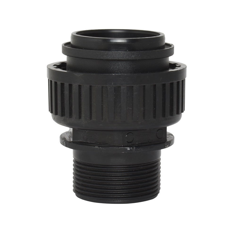 Black plastic union bush filter fitting with ribbed gripping collar, flanged mid-section and male threaded lower outlet