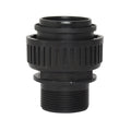Black plastic union bush filter fitting with ribbed gripping collar, flanged mid-section and male threaded lower outlet
