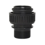 Black plastic union bush filter fitting with ribbed gripping collar, flanged mid-section and male threaded lower outlet