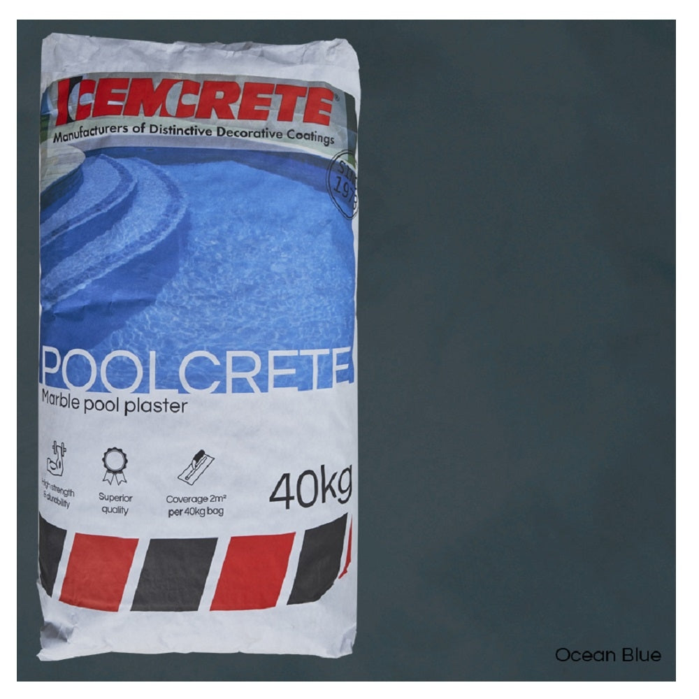 Cemcrete Poolcrete marble pool plaster in Ocean Blue, 40kg paper bag with red and black stripe base