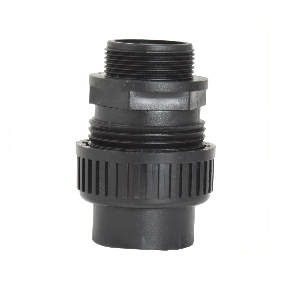 Black plastic 40mm pump union fitting with male threaded top, ribbed locking collar, and solvent weld socket base