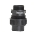 Black plastic 40mm pump union fitting with male threaded top, ribbed locking collar, and solvent weld socket base