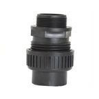 Black plastic 40mm pump union fitting with male threaded top, ribbed locking collar, and solvent weld socket base