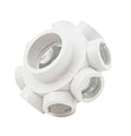 White plastic multi-port filter collector body with six circular openings and grey inner fittings, spherical hub design