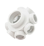 White plastic multi-port filter collector body with six circular openings and grey inner fittings, spherical hub design