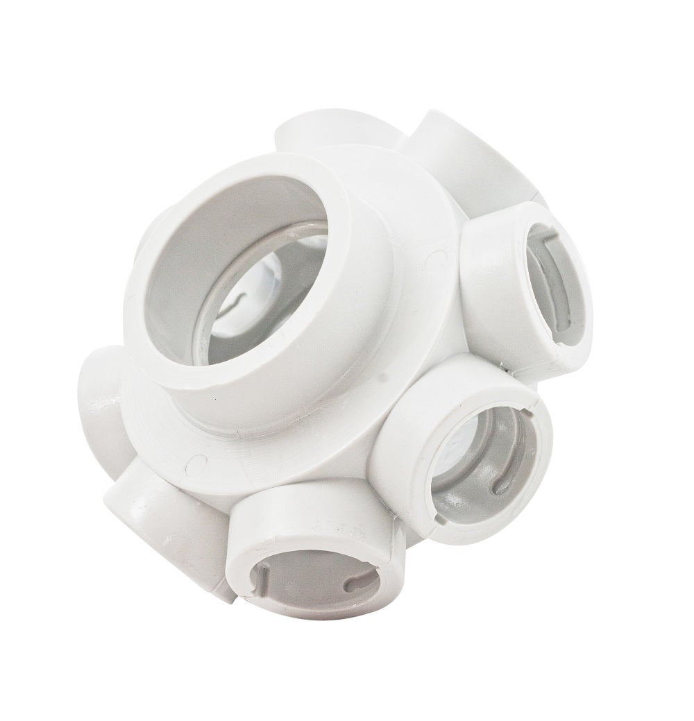 White plastic multi-port filter collector body with six circular openings and grey inner fittings, spherical hub design