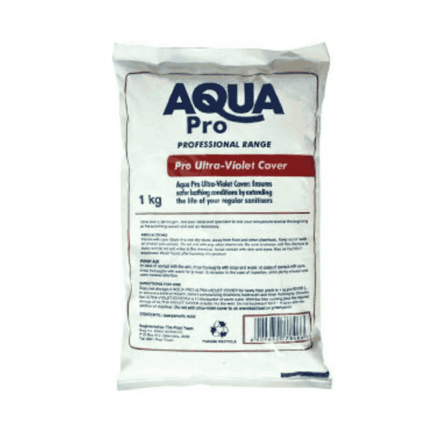 Aqua Pro Pro Ultra-Violet Cover 1kg white plastic bag with navy and red label, pool sanitiser chemical powder The second second second second second