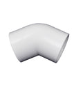 White PVC 45-degree elbow pipe fitting with smooth curved body and twin open ends, 32mm diameter