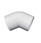 White PVC 45-degree elbow pipe fitting with smooth curved body and twin open ends, 32mm diameter