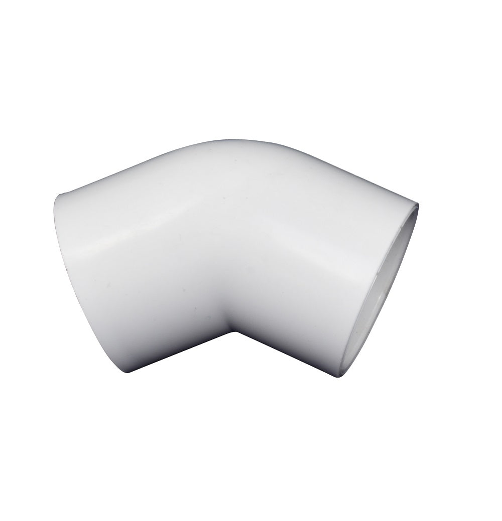 White PVC 45-degree elbow pipe fitting with smooth curved body and twin open ends, 32mm diameter