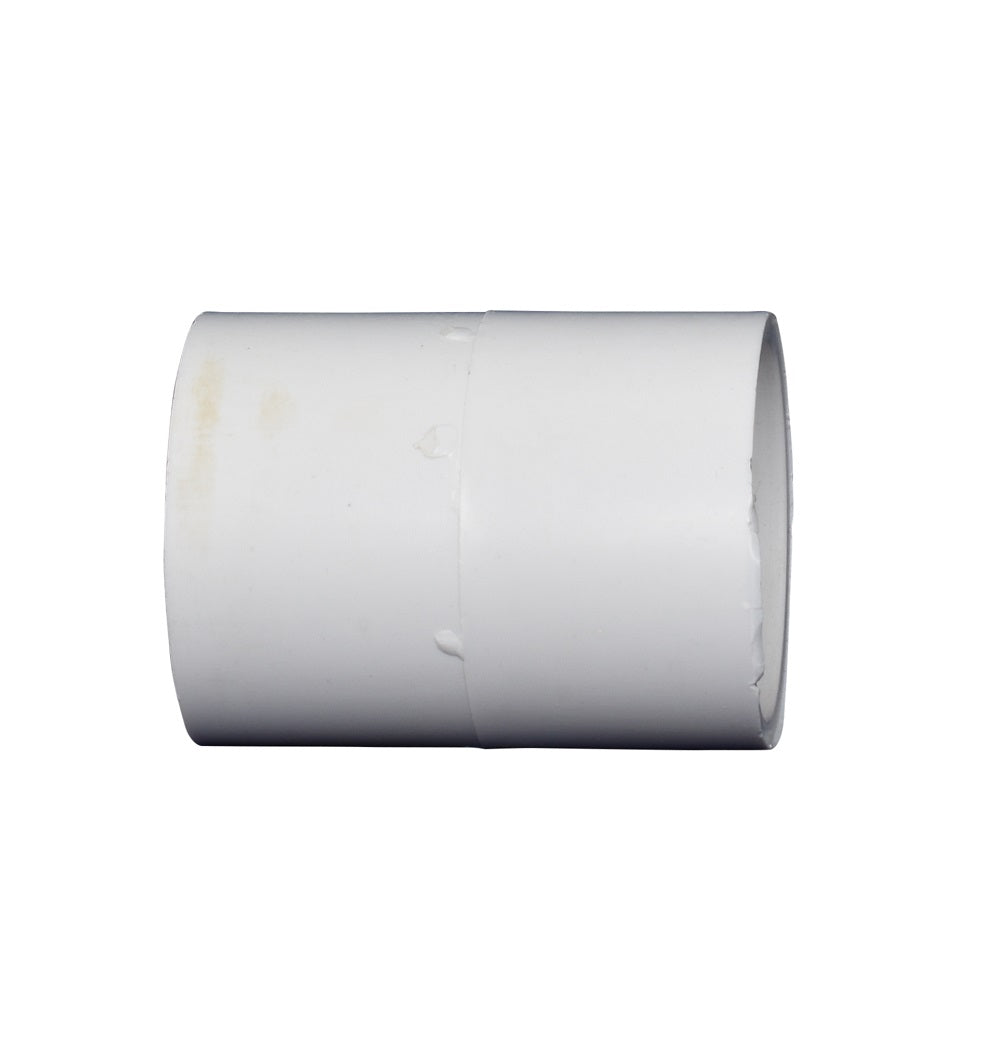 White PVC 32mm straight coupling connector with smooth cylindrical body and open socket ends