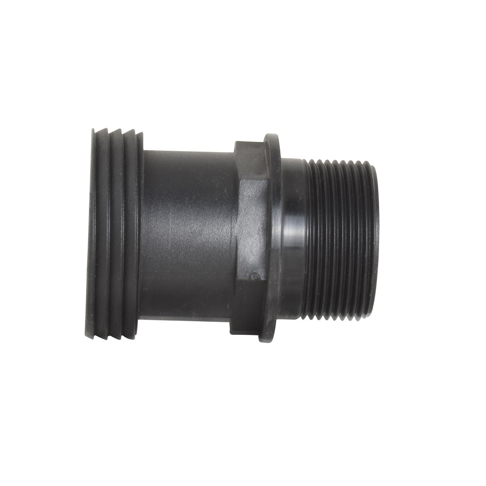 Dark grey plastic male union bush fitting with ribbed hose end and coarse external thread for pool filter connection