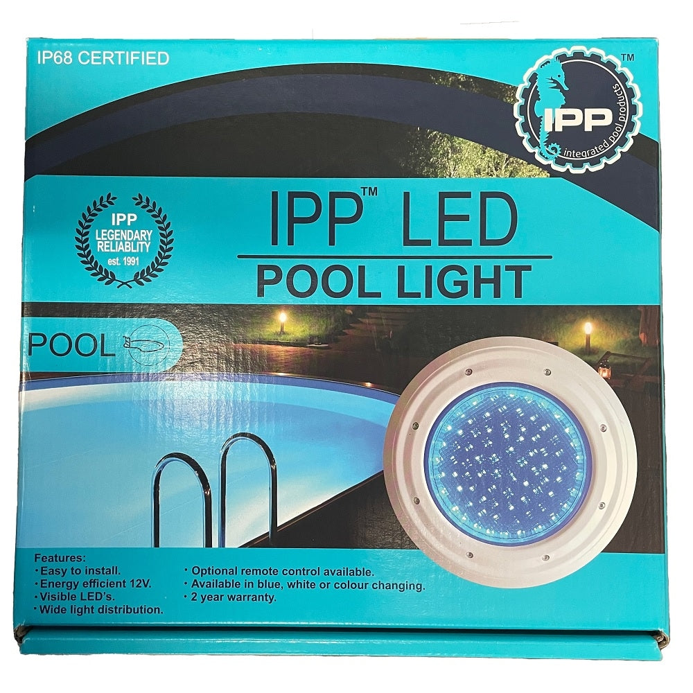 IPP LED pool light in teal retail box showing round blue IP68-certified underwater light with white housing and visible LED array