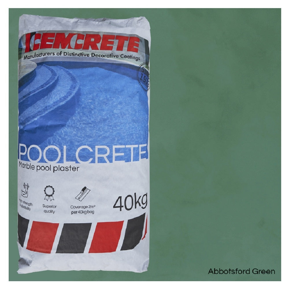 Cemcrete Poolcrete marble pool plaster 40kg bag in Abbotsford Green, with colour swatch shown alongside