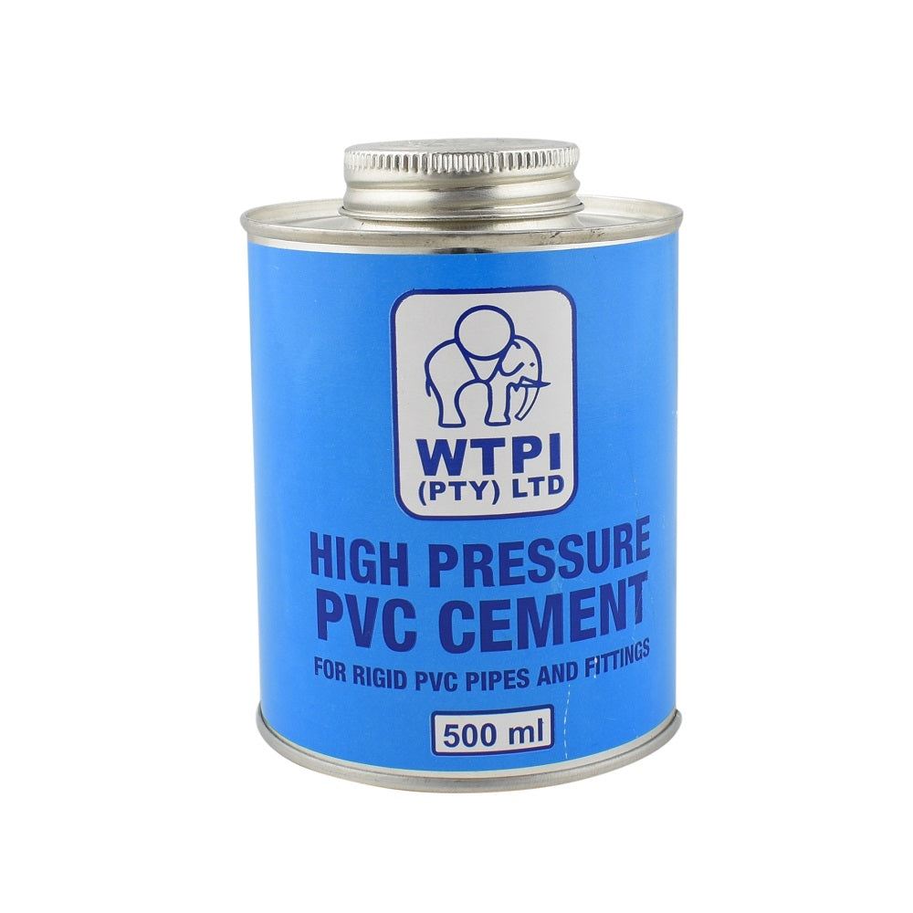 WTPI Pty Ltd high pressure PVC cement 500ml tin with blue label and silver screw-top lid for rigid PVC pipes and fittings