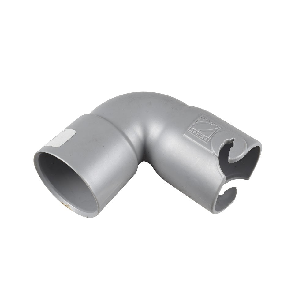 Grey plastic 90-degree elbow pipe fitting with Zodiac twist-lock clips and embossed logo for pool cleaner hose connection