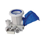 Pool skimmer kit with white cylindrical housing, blue mesh debris bag, and multiple grey PVC pipe fittings and connectors