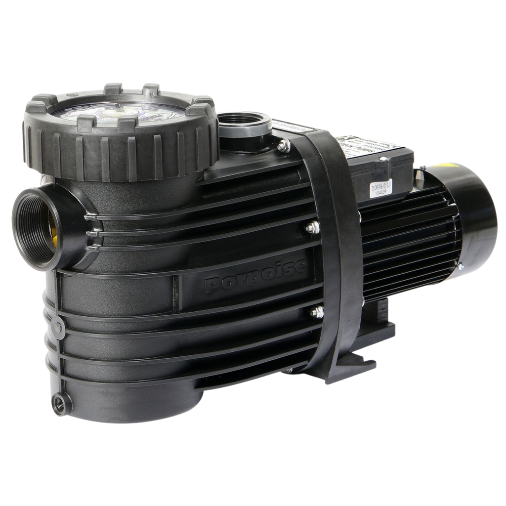 Speck Porpoise 0.45kW pool pump and motor in black, showing threaded inlet ports, strainer lid, and ribbed motor housing