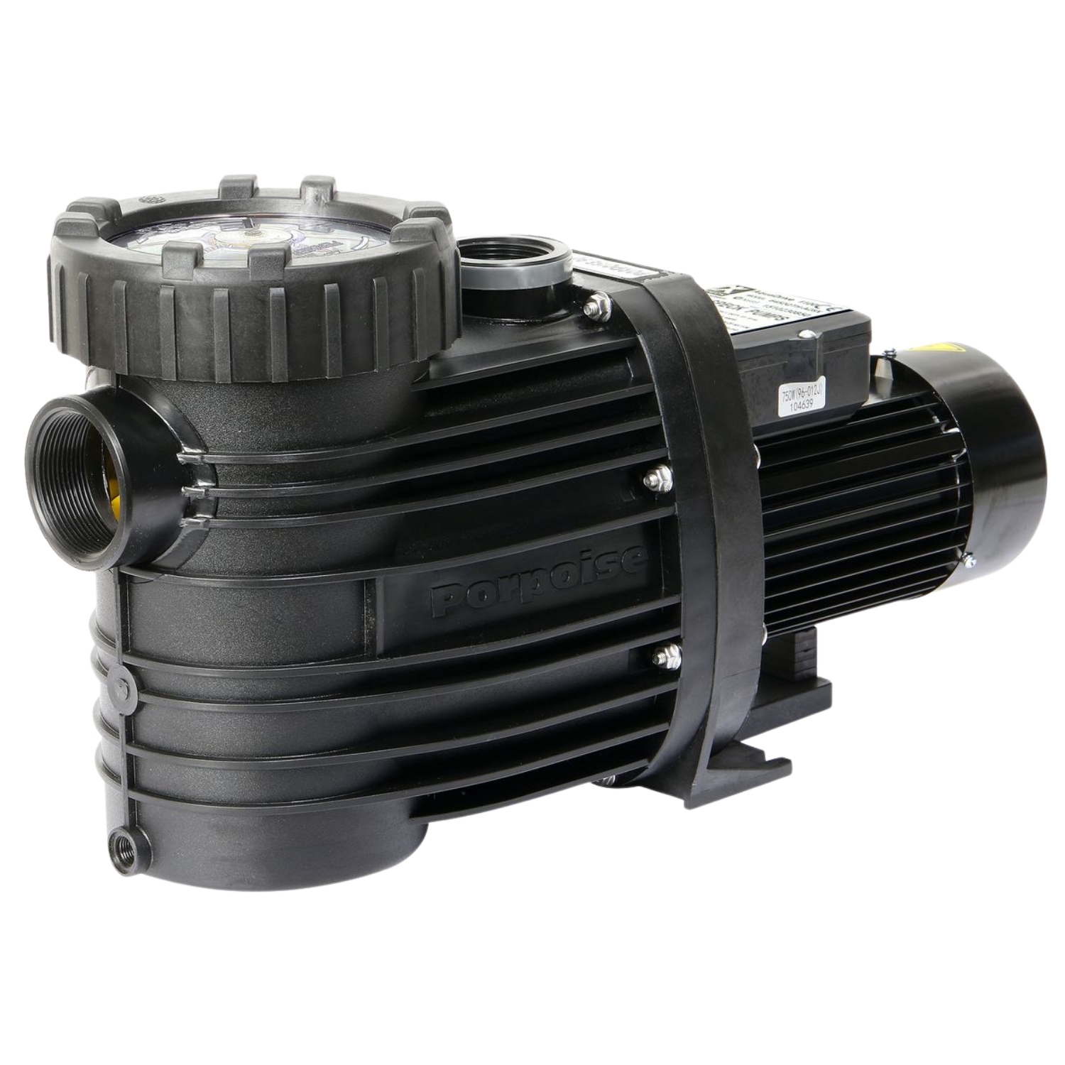 Speck Porpoise 0.45kW pool pump and motor in black, showing threaded inlet ports, strainer lid, and ribbed motor housing
