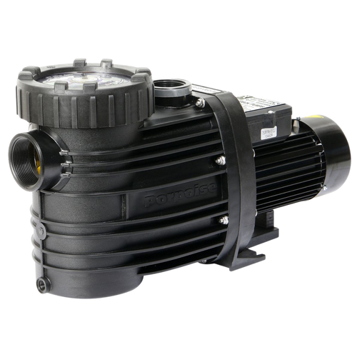 Speck Porpoise 0.45kW pool pump and motor in black, showing threaded inlet ports, strainer lid, and ribbed motor housing