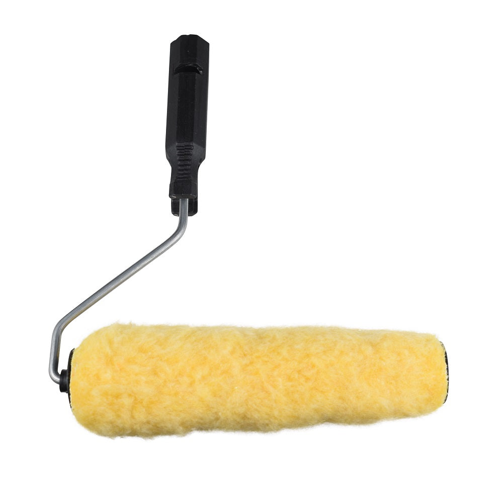 Paint roller with fluffy yellow lambswool sleeve on metal frame and black plastic handle, 230mm fibreglass roller complete