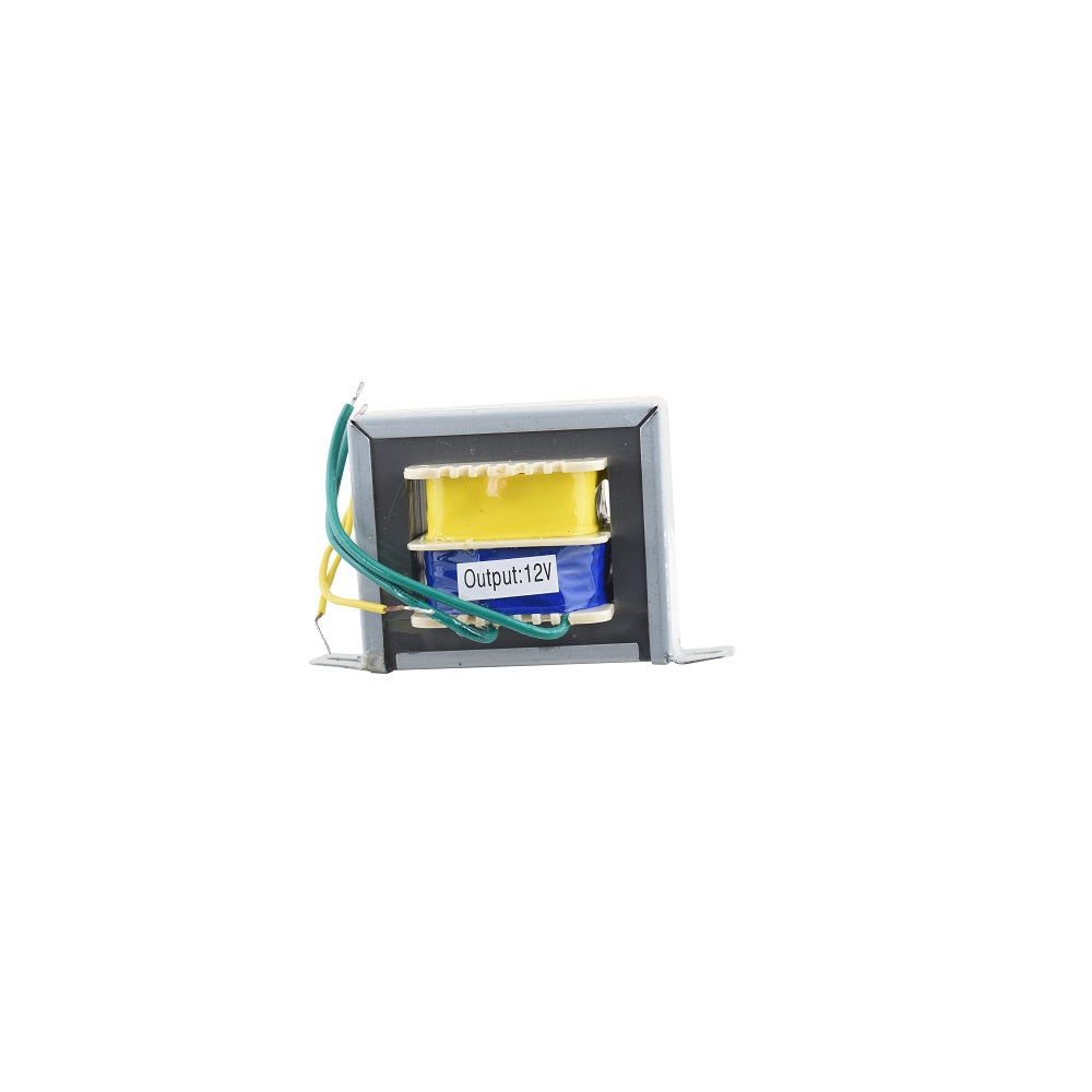 Small Aqua Pro 18VA transformer with yellow and blue coil windings, metal laminated core, and colour-coded output wires labelled Output: 12V