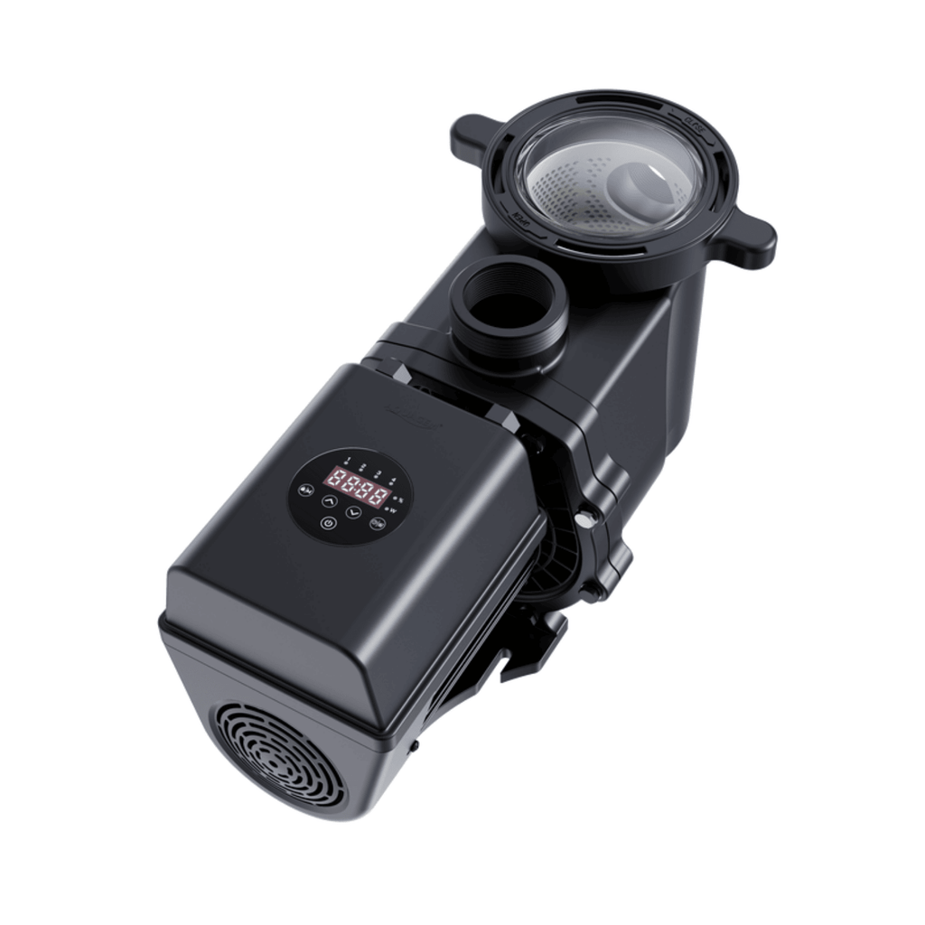 Aquagem InverEco Pool Pump 0.75kW 220V in matte black with LED digital display, clear strainer lid, and rear cooling fan vent