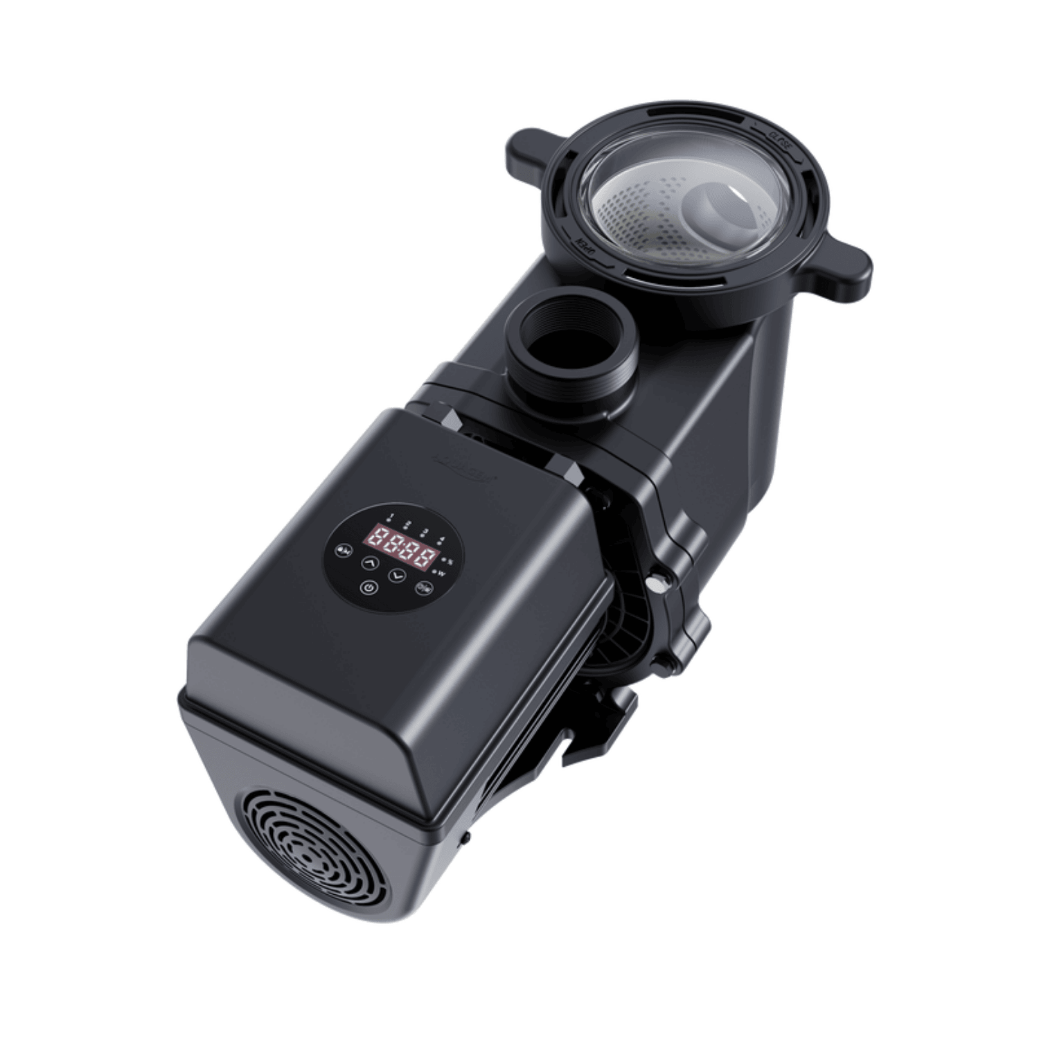 Aquagem InverEco Pool Pump 1.35kW 220V in matte black with LED digital display panel, clear strainer lid, and rear ventilation grille