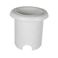 White plastic Poolskim hat insert with cylindrical body, flanged rim, and arched cutout at base