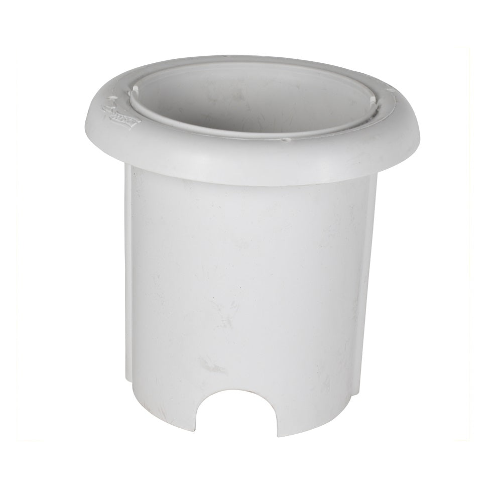 White plastic Poolskim hat insert with cylindrical body, flanged rim, and arched cutout at base