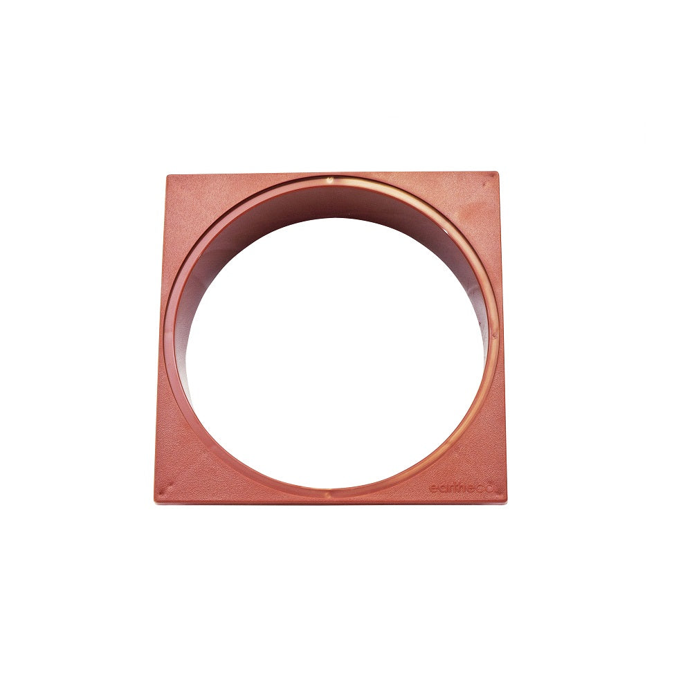 Terracotta square-to-round weir deck collar with circular opening and textured plastic finish, branded Eartheco